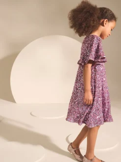 Dusky Pink Angel Sleeve Sequin Party Dress (3-16yrs)