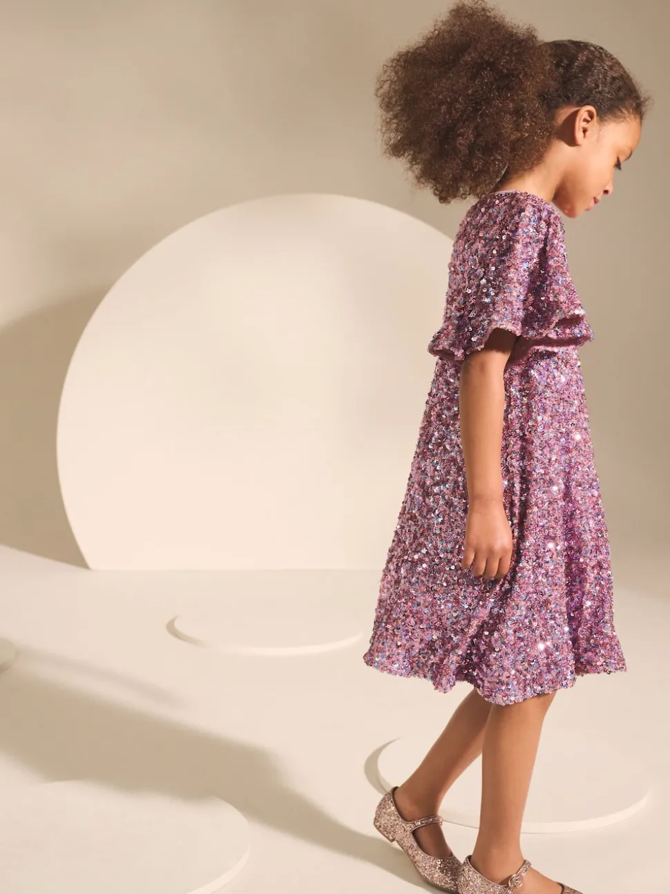 Dusky Pink Angel Sleeve Sequin Party Dress (3-16yrs)
