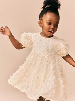 Ecru White Short Sleeve 3D Flowers Dress (3mths-8yrs)