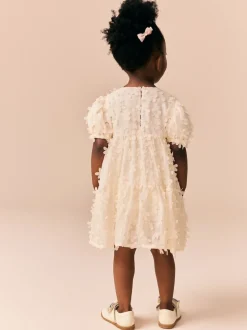 Ecru White Short Sleeve 3D Flowers Dress (3mths-8yrs)