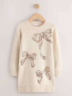Ecru Bow Embellished Knit Jumper Dress (3-16yrs)