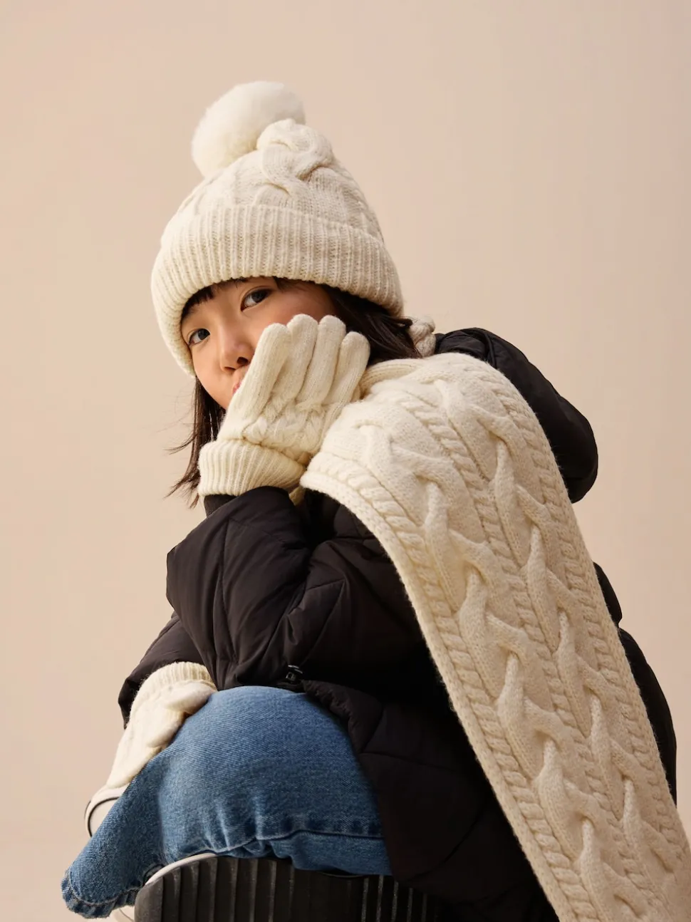 Ecru Cable Beanie Scarf and Gloves Set (3-16yrs)