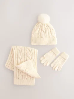 Ecru Cable Beanie Scarf and Gloves Set (3-16yrs)