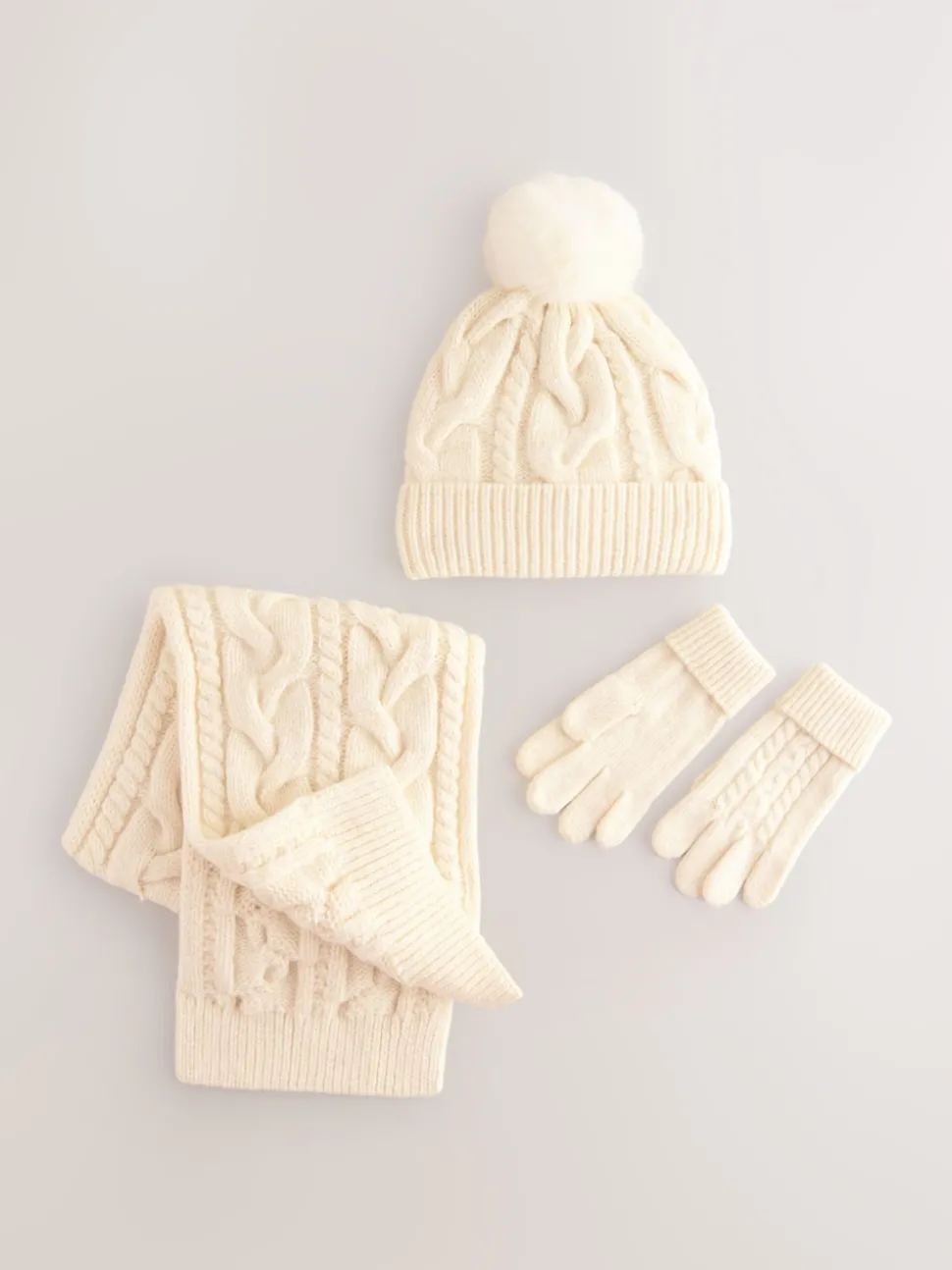 Ecru Cable Beanie Scarf and Gloves Set (3-16yrs)