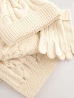 Ecru Cable Beanie Scarf and Gloves Set (3-16yrs)