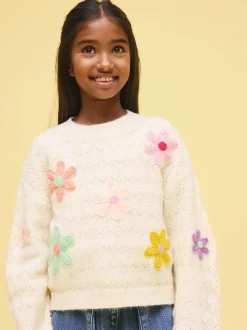 Ecru 3D Flower Embroidered Jumper (3-16yrs)