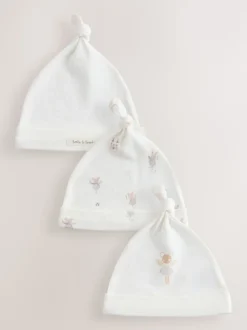 Ecru Fairy Mouse 3 Pack Tie Top Baby Beanies (0mths-2yrs)