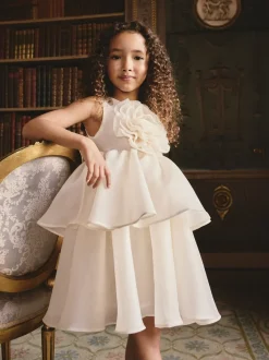 Ecru Flower Corsage Tiered Occasion Dress (3-16yrs)