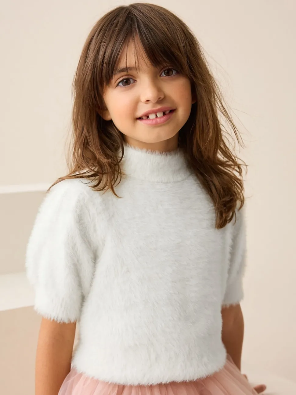 Ecru Fluffy Short Sleeve Top (3-16yrs)