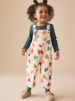 Ecru Heart Print Dungarees and T-Shirt Set (3mths-7yrs)