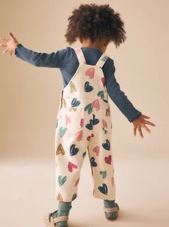 Ecru Heart Print Dungarees and T-Shirt Set (3mths-7yrs)