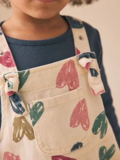 Ecru Heart Print Dungarees and T-Shirt Set (3mths-7yrs)