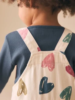 Ecru Heart Print Dungarees and T-Shirt Set (3mths-7yrs)