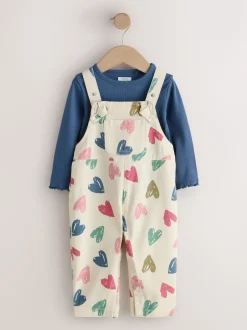 Ecru Heart Print Dungarees and T-Shirt Set (3mths-7yrs)
