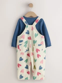 Ecru Heart Print Dungarees and T-Shirt Set (3mths-7yrs)