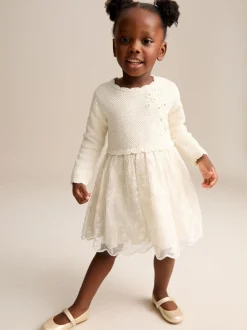 Ecru 2-in-1 Occasion Long Sleeve Knitted Jumper Dress (3mths-10yrs)