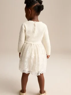 Ecru 2-in-1 Occasion Long Sleeve Knitted Jumper Dress (3mths-10yrs)