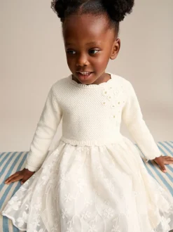 Ecru 2-in-1 Occasion Long Sleeve Knitted Jumper Dress (3mths-10yrs)