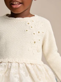 Ecru 2-in-1 Occasion Long Sleeve Knitted Jumper Dress (3mths-10yrs)