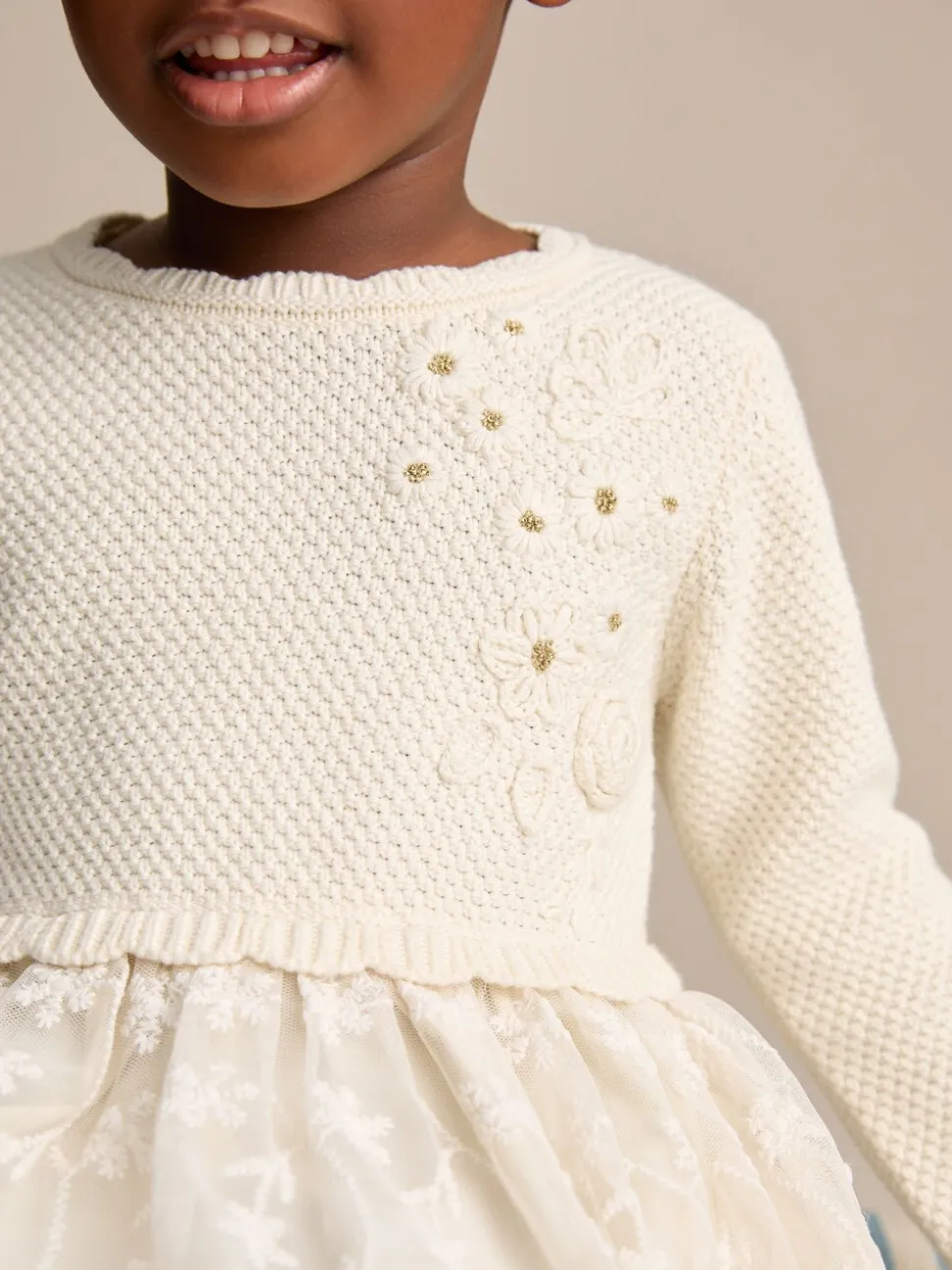 Ecru 2-in-1 Occasion Long Sleeve Knitted Jumper Dress (3mths-10yrs)