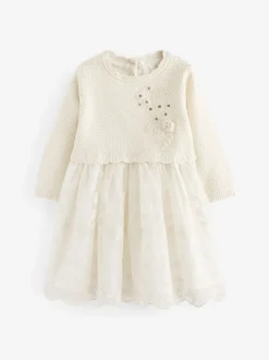Ecru 2-in-1 Occasion Long Sleeve Knitted Jumper Dress (3mths-10yrs)