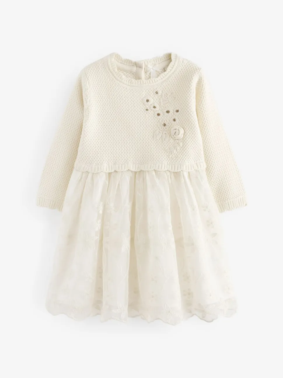 Ecru 2-in-1 Occasion Long Sleeve Knitted Jumper Dress (3mths-10yrs)