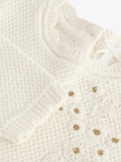 Ecru 2-in-1 Occasion Long Sleeve Knitted Jumper Dress (3mths-10yrs)