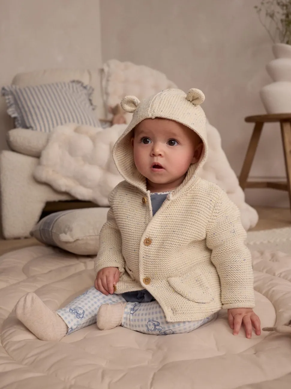 Ecru Neppy Knitted Hooded Baby Cardigan