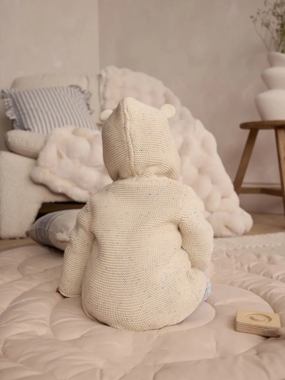 Ecru Neppy Knitted Hooded Baby Cardigan