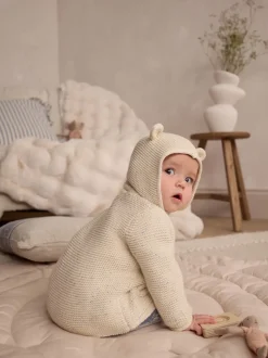 Ecru Neppy Knitted Hooded Baby Cardigan