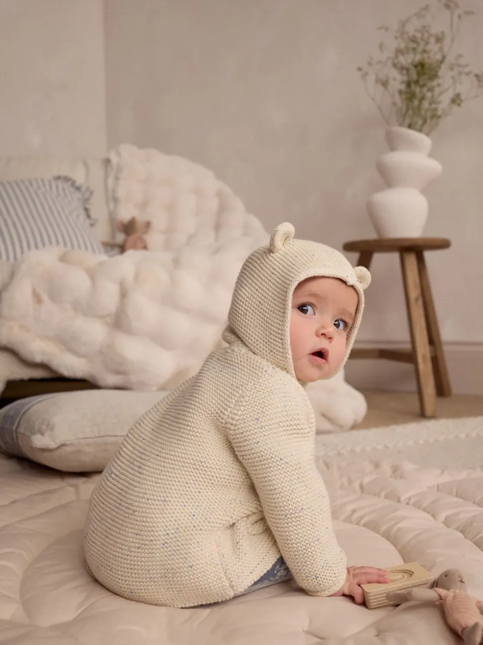 Ecru Neppy Knitted Hooded Baby Cardigan