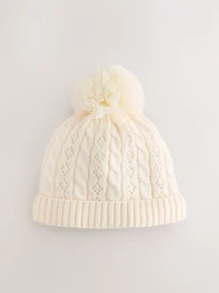 Ecru Pointelle Cable Knitted Pom Hat (0mths-2yrs)