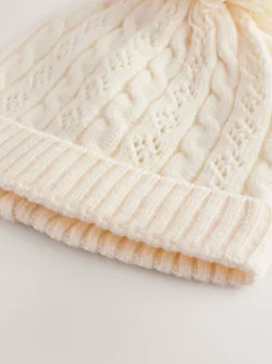 Ecru Pointelle Cable Knitted Pom Hat (0mths-2yrs)