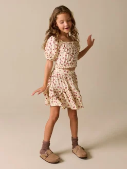 Ecru Strawberry Puff Sleeve Blouse and Skirt Set (3-16yrs)