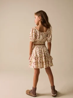 Ecru Strawberry Puff Sleeve Blouse and Skirt Set (3-16yrs)