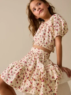 Ecru Strawberry Puff Sleeve Blouse and Skirt Set (3-16yrs)