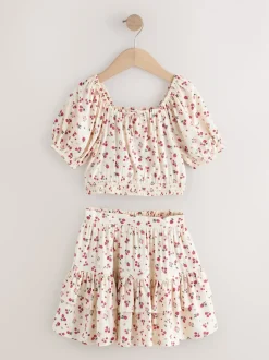 Ecru Strawberry Puff Sleeve Blouse and Skirt Set (3-16yrs)