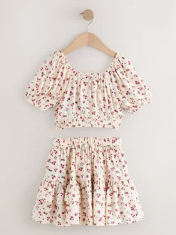Ecru Strawberry Puff Sleeve Blouse and Skirt Set (3-16yrs)