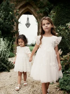 Ecru White 3D Flower Mesh Flower Girl Dress (3-16yrs)