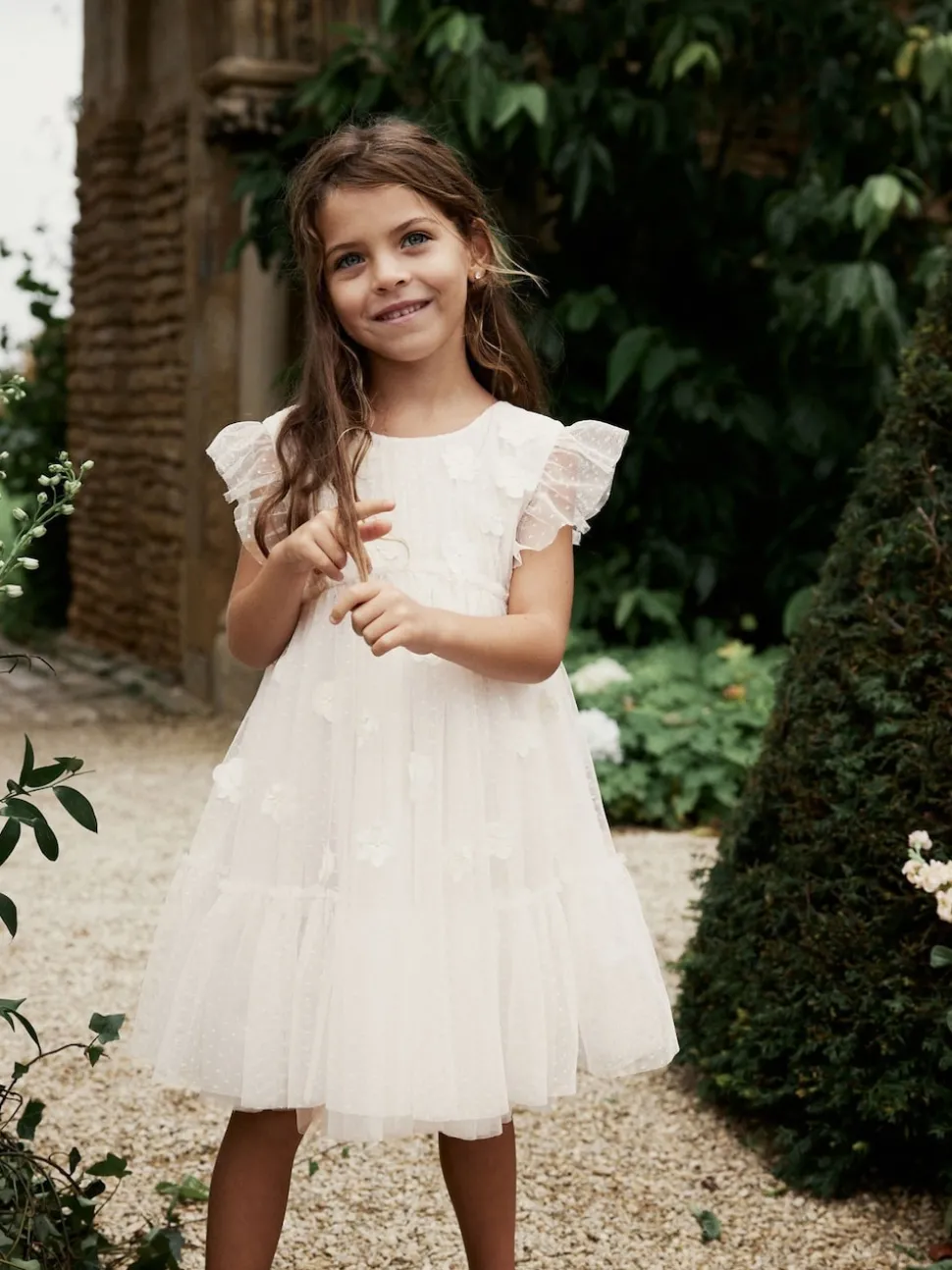 Ecru White 3D Flower Mesh Flower Girl Dress (3-16yrs)