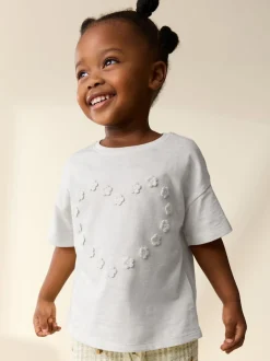 Ecru White Short Sleeve Heart Embroidered Top (3mths-7yrs)