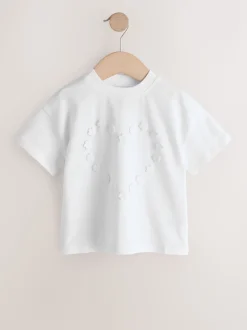 Ecru White Short Sleeve Heart Embroidered Top (3mths-7yrs)