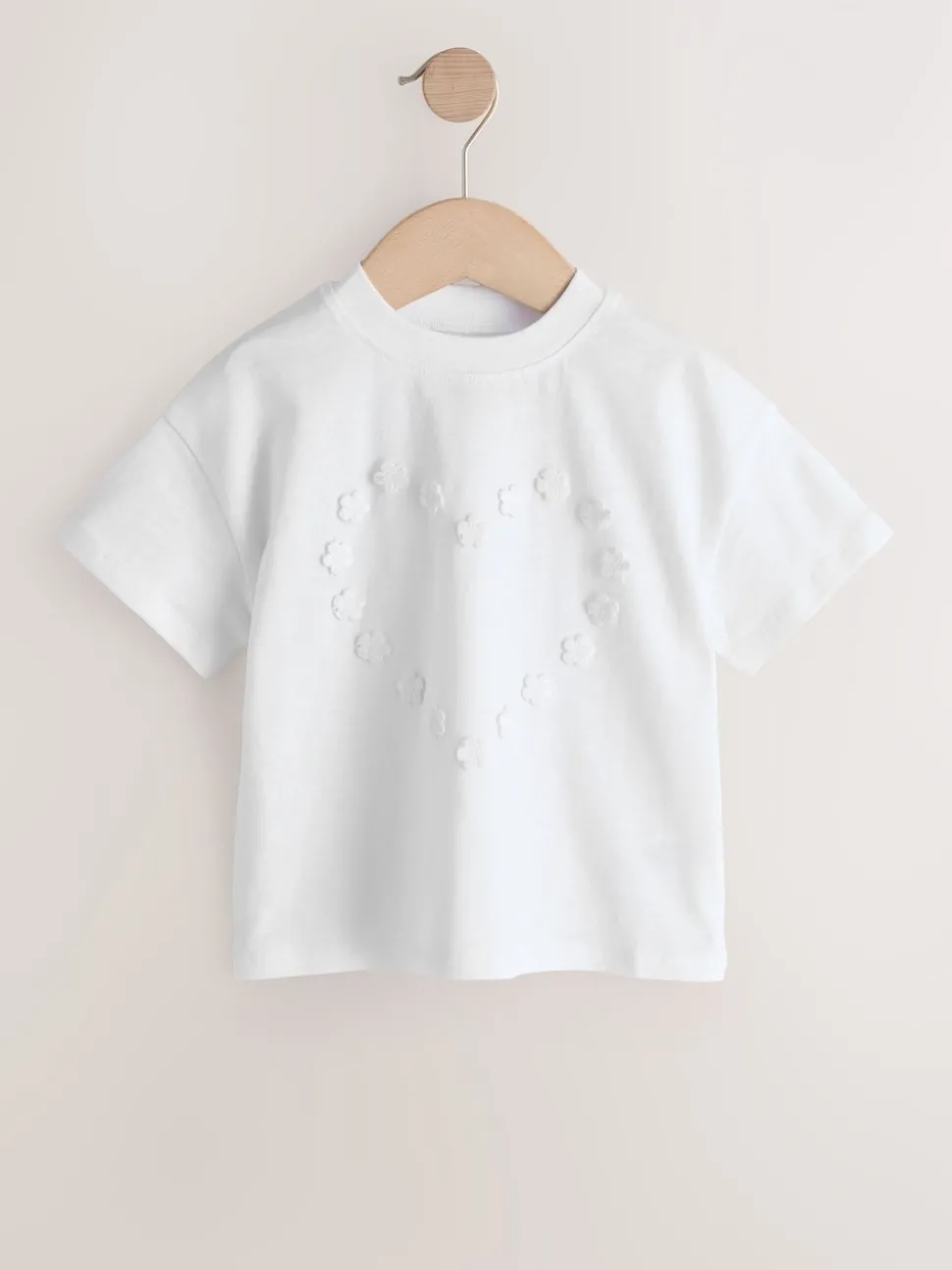 Ecru White Short Sleeve Heart Embroidered Top (3mths-7yrs)