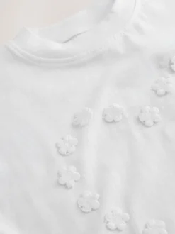 Ecru White Short Sleeve Heart Embroidered Top (3mths-7yrs)