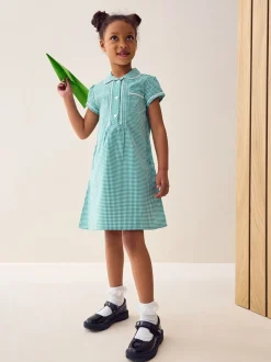 Green Cotton Rich Button Front Lace Gingham School Dress (3-14yrs)