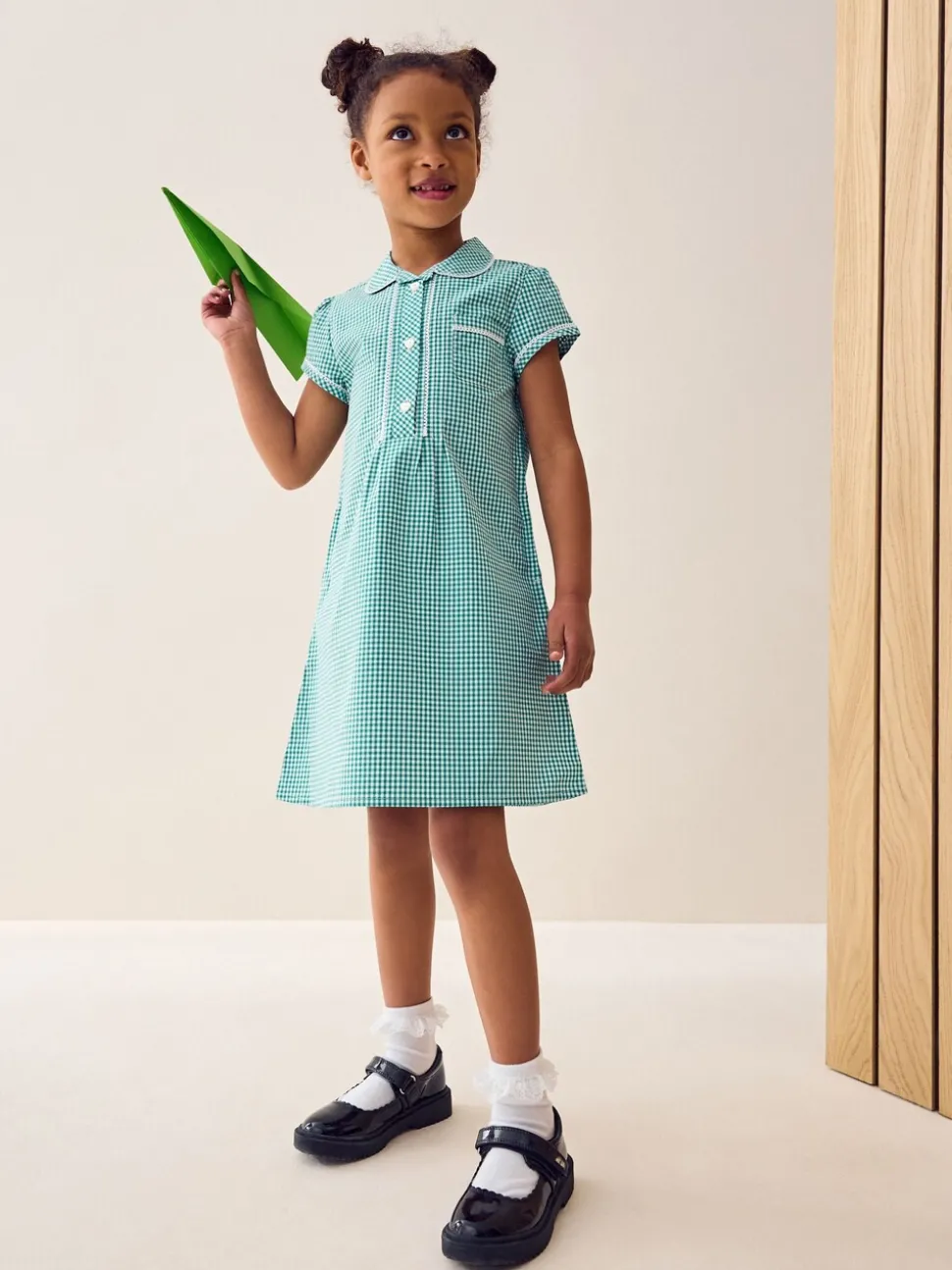 Green Cotton Rich Button Front Lace Gingham School Dress (3-14yrs)