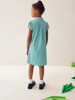 Green Cotton Rich Button Front Lace Gingham School Dress (3-14yrs)