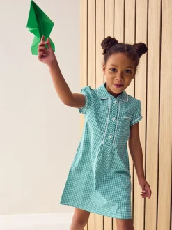 Green Cotton Rich Button Front Lace Gingham School Dress (3-14yrs)