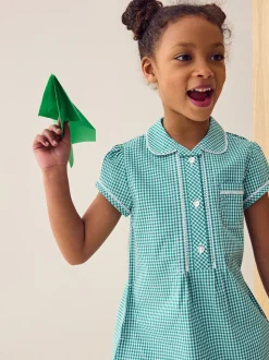 Green Cotton Rich Button Front Lace Gingham School Dress (3-14yrs)