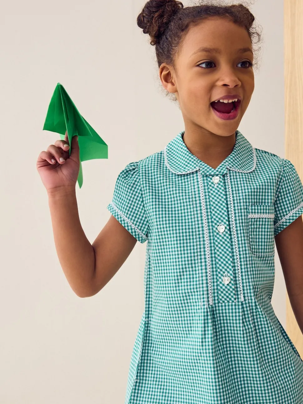 Green Cotton Rich Button Front Lace Gingham School Dress (3-14yrs)